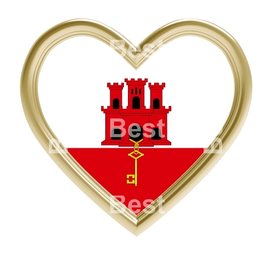 Gibraltar flag in gold heart isolated on white background.