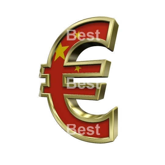Gold Euro sign with China flag isolated on white.