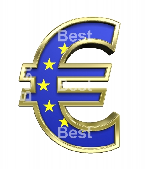 Gold Euro sign with european union flag isolated on white. 
