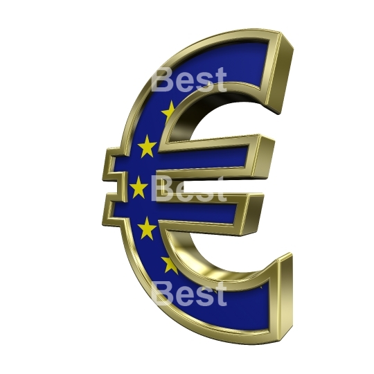 Gold Euro sign with european union flag isolated on white. 