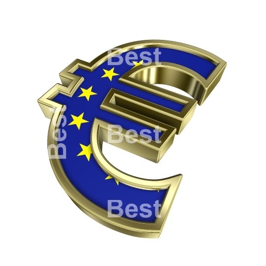Gold Euro sign with european union flag isolated on white. 