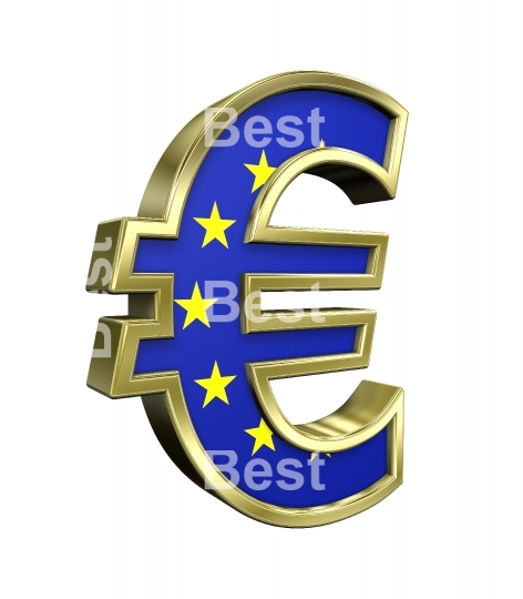 Gold Euro sign with european union flag isolated on white. 