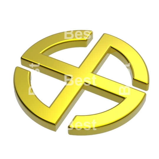 Gold sun cross symbol - broken crossed circle isolated on the white. 
