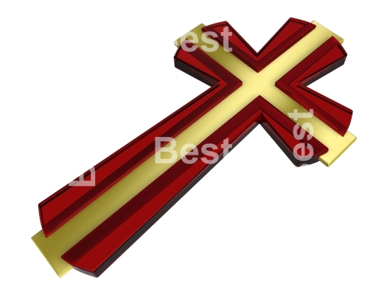 Gold with ruby frame Christian cross isolated on white. 