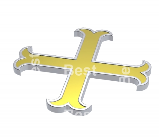 Gold with silver frame heraldic cross isolated on white.