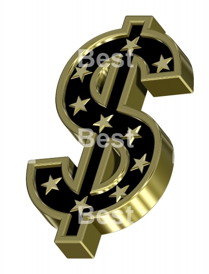 Gold-black Dollar sign with stars isolated on white