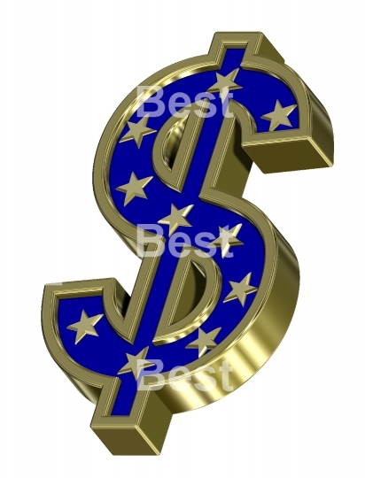 Gold-blue Dollar sign with stars isolated on white