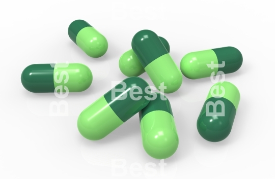 Green medical capsules isolated on white background, close-up.