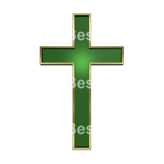 Green with gold frame Christian cross isolated on white.