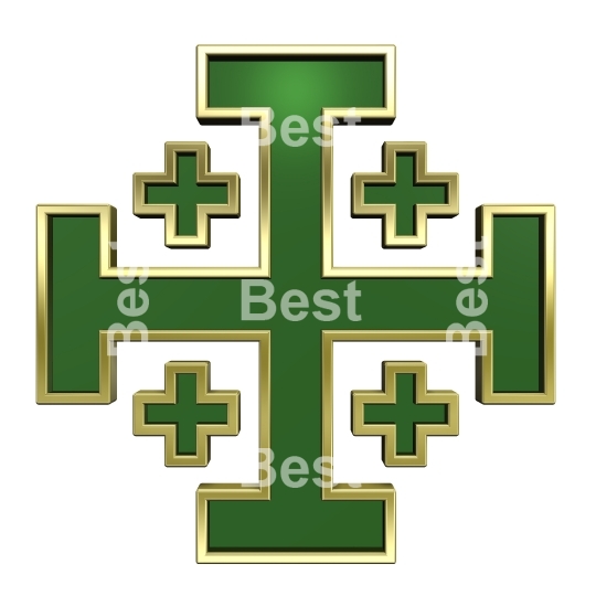 Green with gold frame heraldic cross isolated on white. 