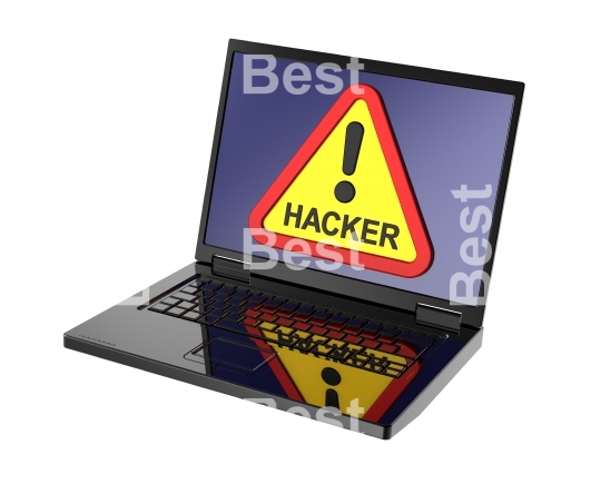 Hacker warning sign on laptop screen.