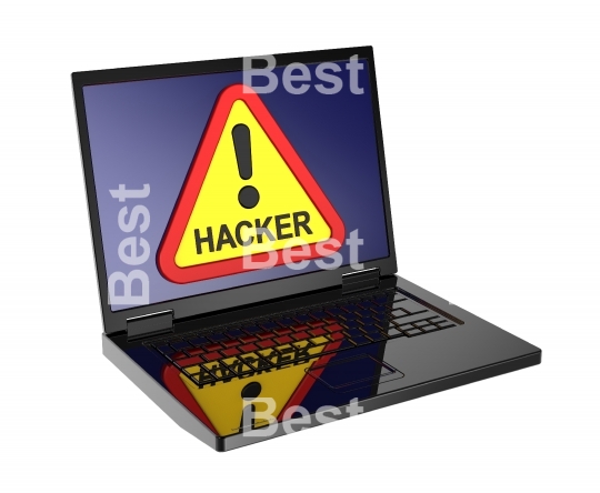 Hacker warning sign on laptop screen.