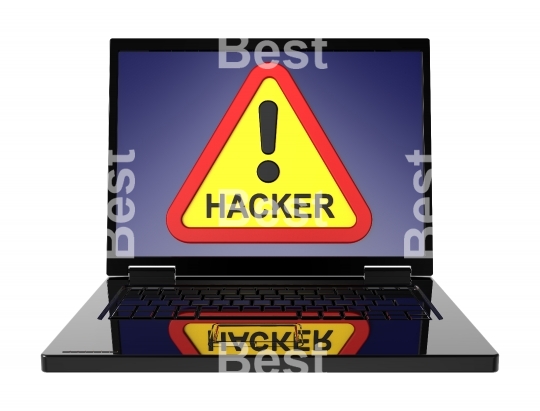 Hacker warning sign on laptop screen.