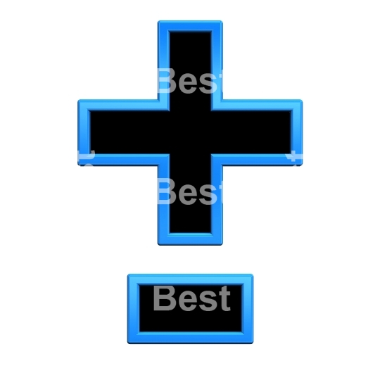 Hyphen, minus, plus marks from black glass with blue frame alphabet set, isolated on white. 