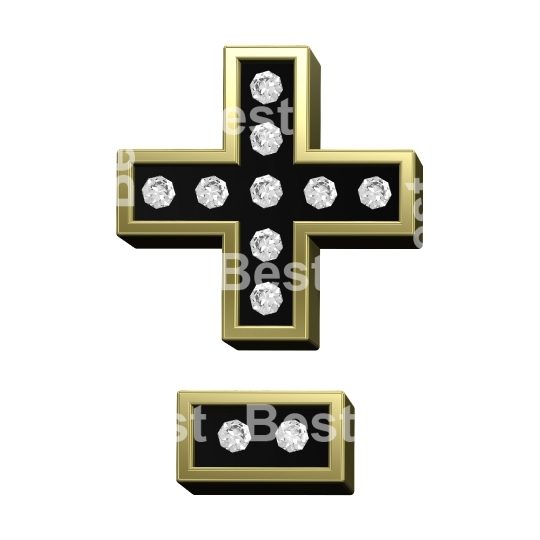 Hyphen, minus, plus marks from black with gold frame and diamonds alphabet set isolated on white.