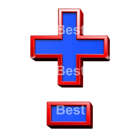 Hyphen, minus, plus marks from blue glass with red frame alphabet set, isolated on white. 