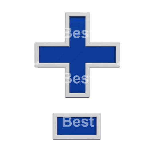 Hyphen, minus, plus marks from blue glass with white frame alphabet set, isolated on white. 