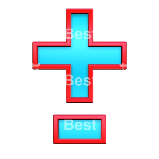 Hyphen, minus, plus marks from blue with red frame alphabet set, isolated on white. 