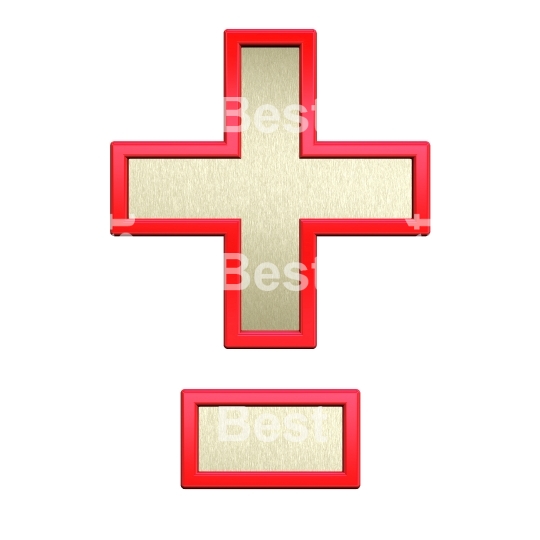 Hyphen, minus, plus marks from brushed gold with red frame alphabet set, isolated on white.