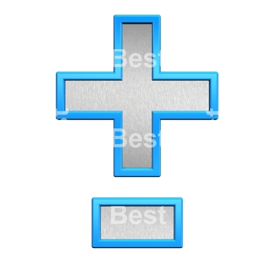 Hyphen, minus, plus marks from brushed silver with blue frame alphabet set, isolated on white. 