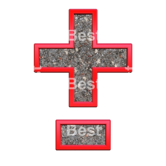 Hyphen, minus, plus marks from corroded steel with red frame alphabet set, isolated on white.