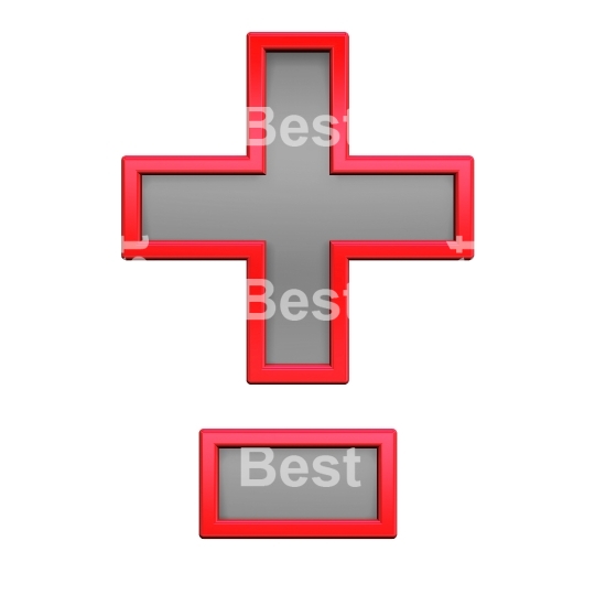 Hyphen, minus, plus marks from gray glass with red frame alphabet set, isolated on white. 