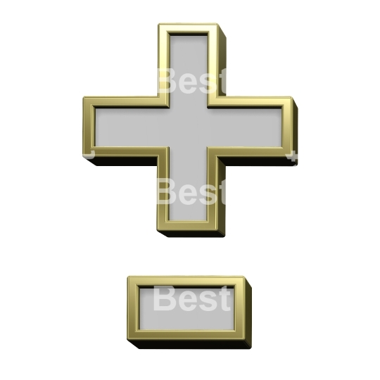 Hyphen, minus, plus marks from gray with gold frame alphabet set, isolated on white