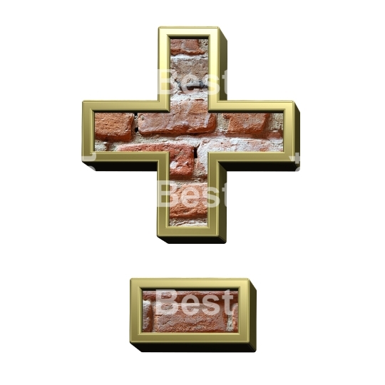 Hyphen, minus, plus marks from old brick with gold frame alphabet set, isolated on white. 