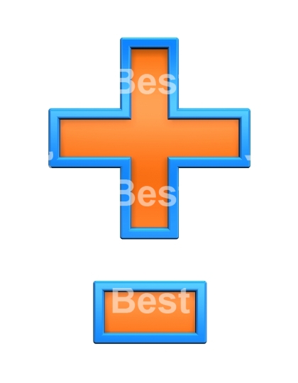 hyphen, minus, plus marks from orange glass with blue frame alphabet set, isolated on white. 