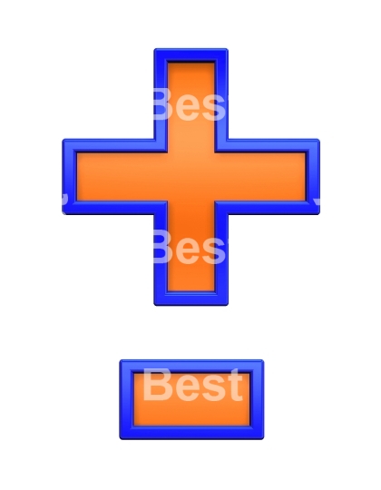 Hyphen, minus, plus marks from orange with blue frame alphabet set, isolated on white. 