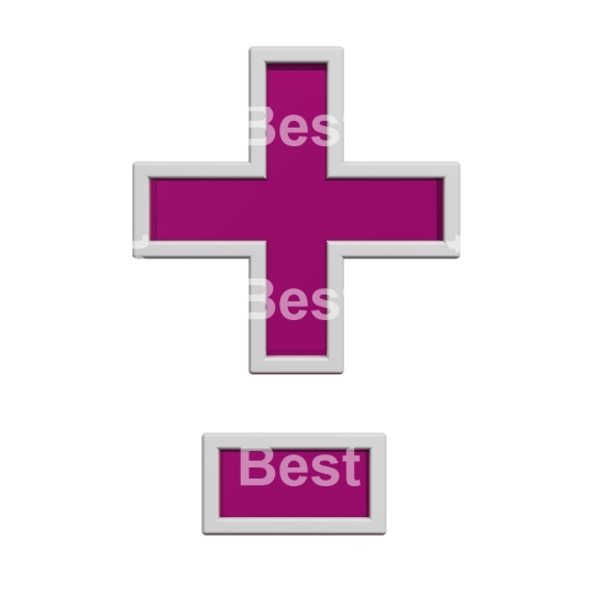 Hyphen, minus, plus marks from purple glass with white frame alphabet set, isolated on white. 