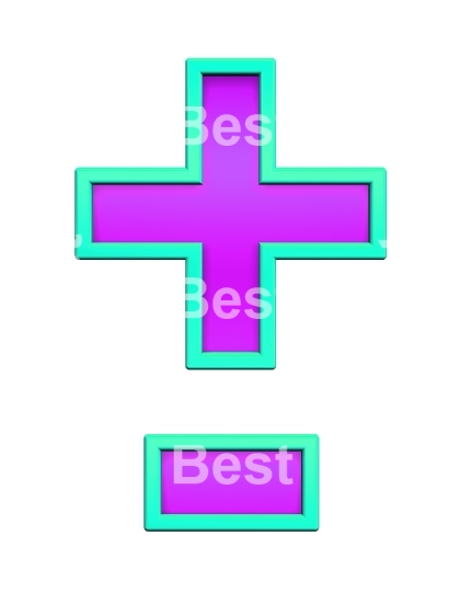 Hyphen, minus, plus marks from purple with turquoise frame alphabet set, isolated on white. 