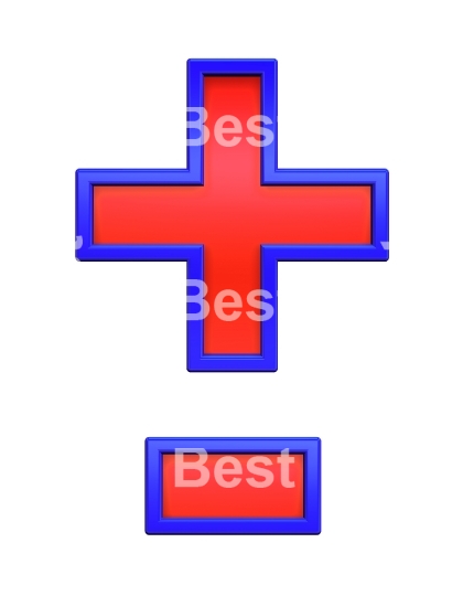 Hyphen, minus, plus marks from red glass with blue frame alphabet set, isolated on white. 