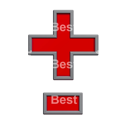 Hyphen, minus, plus marks from red glass with gray frame alphabet set, isolated on white. 