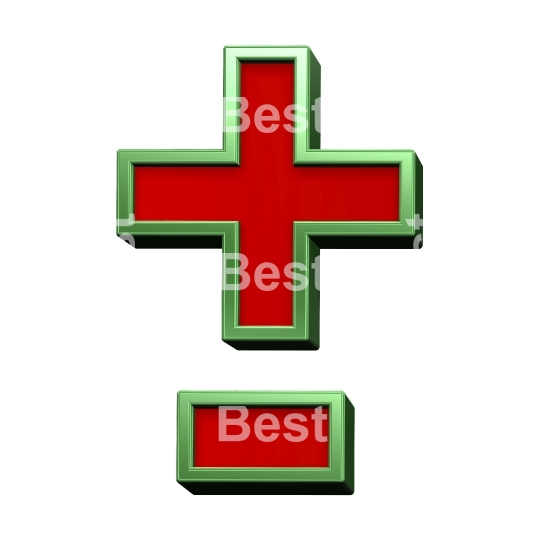 Hyphen, minus, plus marks from red glass with green frame alphabet set, isolated on white. 