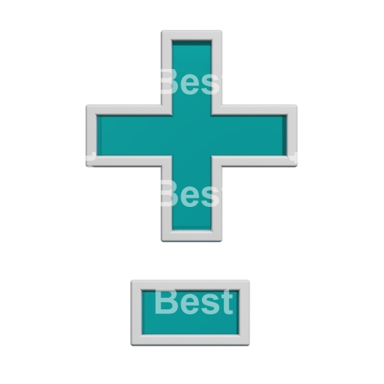Hyphen, minus, plus marks from turquoise glass with white frame alphabet set, isolated on white. 