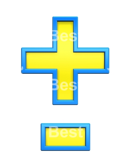 hyphen, minus, plus marks from yellow glass with blue frame alphabet set, isolated on white. 