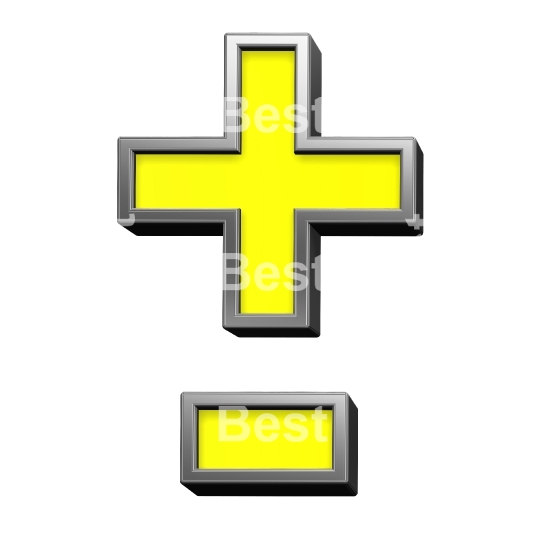 Hyphen, minus, plus marks from yellow with chrome frame alphabet set, isolated on white. 