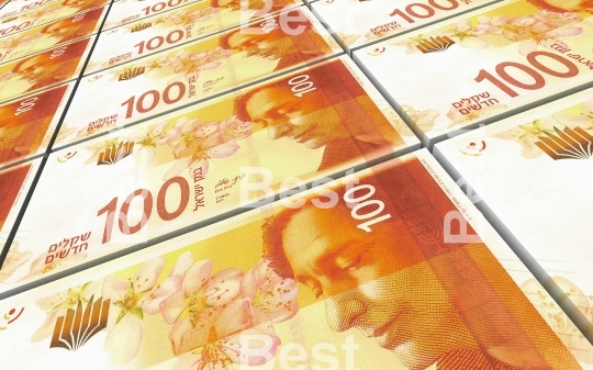 Israeli Shekel bills stacked background