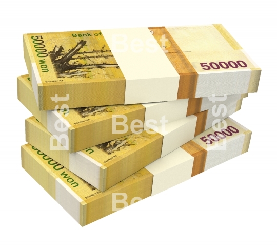 Korean won bills isolated on white background. 