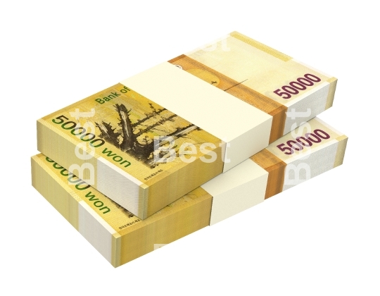 Korean won bills isolated on white background. 