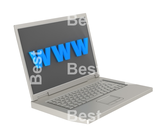 Laptop and WWW word on the screen isolated over white background