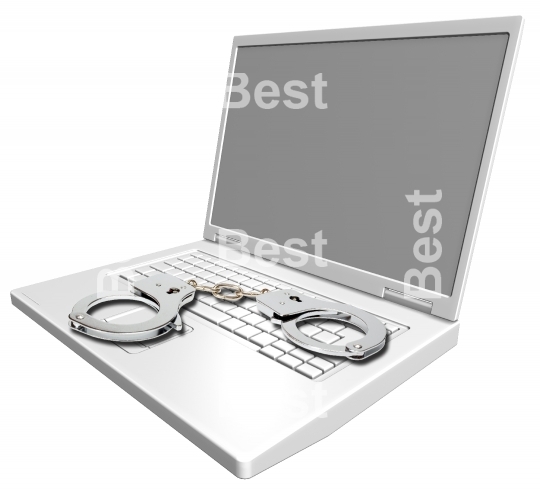 Laptop isolated on white with handcuffs.