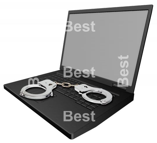 Laptop isolated on white with handcuffs.