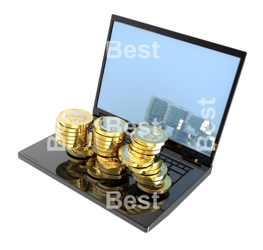 Laptop with bitcoins isolated over white.
