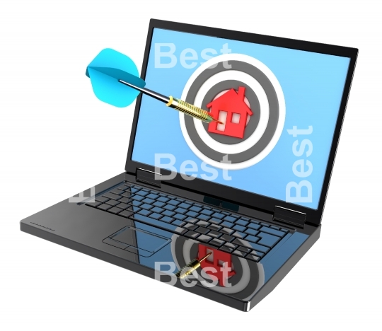 Laptop with dart on house target isolated over white.