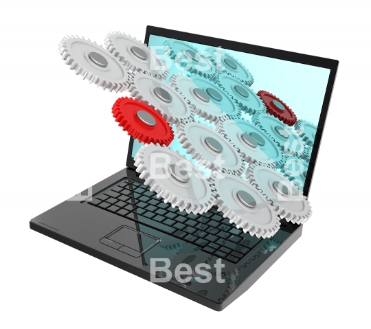 Laptop with gears isolated over white.