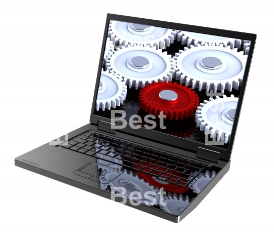 Laptop with gears on the screen isolated over white.