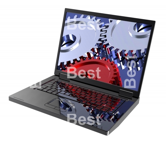 Laptop with gears on the screen isolated over white.