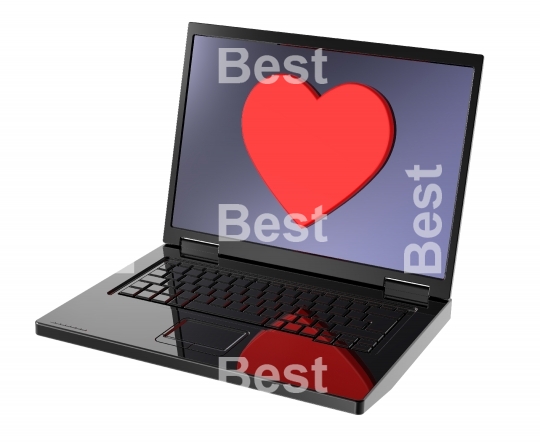 Laptop with heart on the screen isolated over white background. 